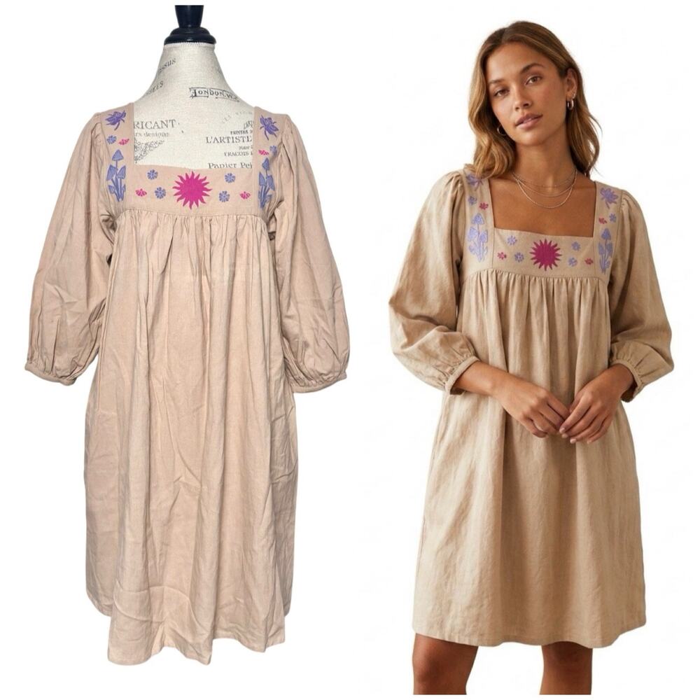Laude the Label | Women | Empire Boho Tan Block Print Relaxed Mini Dress | S-M